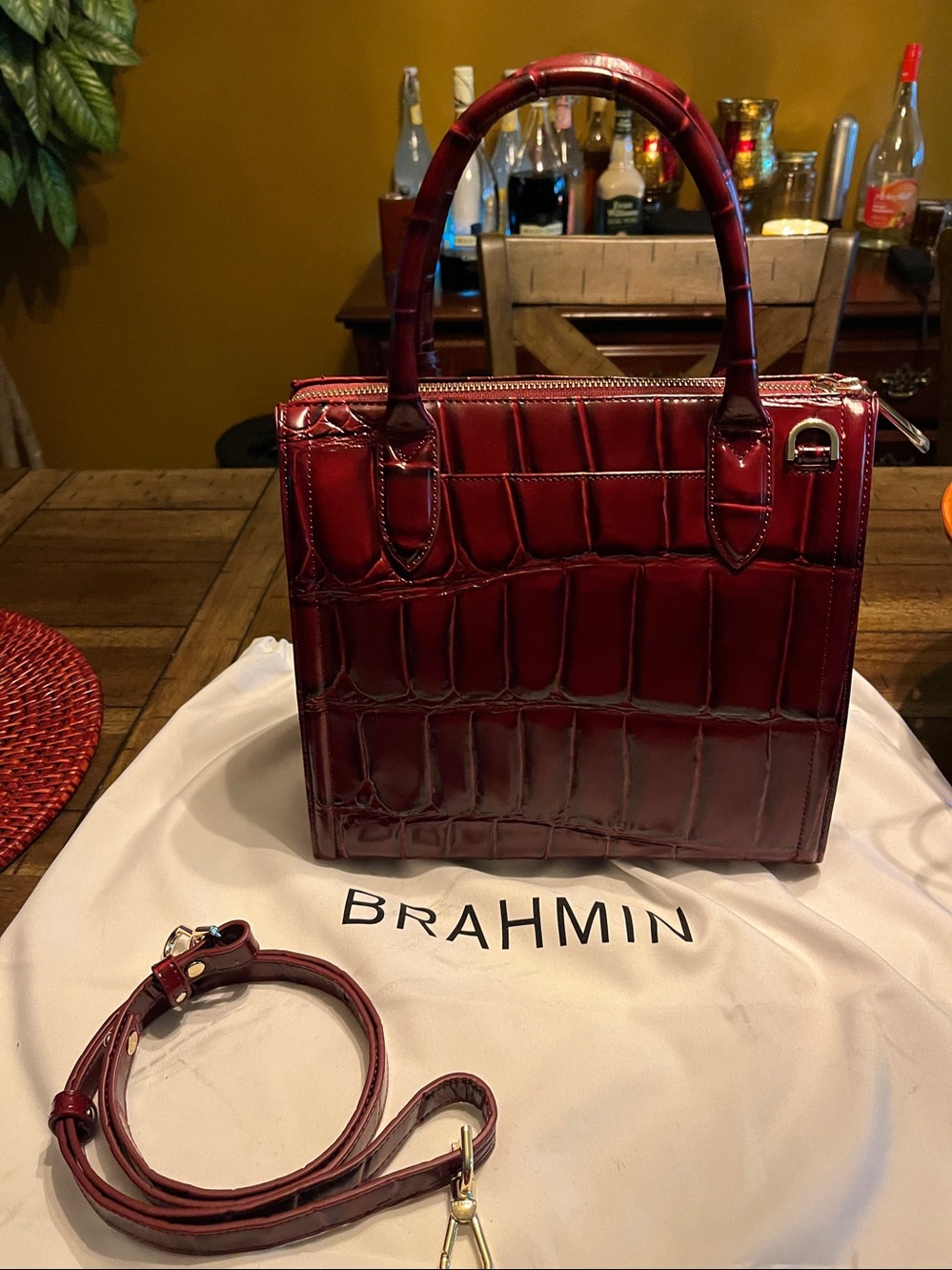 Brahmin Deep Burgundy Croc-Embossed Leather Satchel - Picture 4 of 11